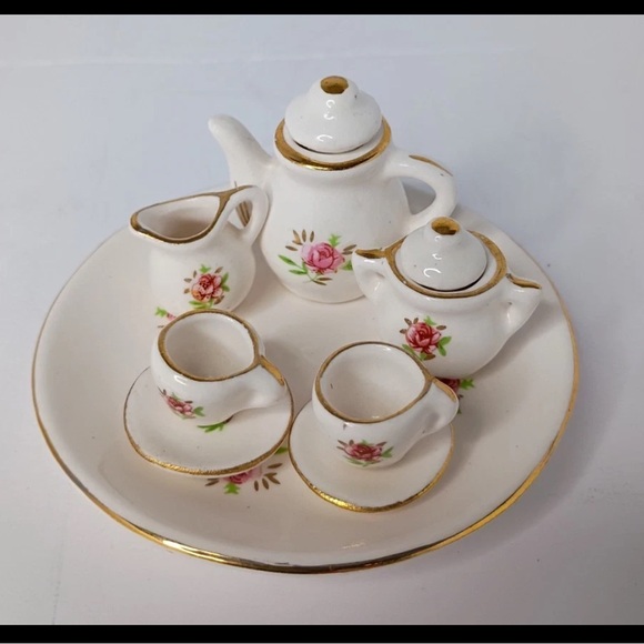 Porcelain Miniture Tea Set with Plate, Teapot, Creamer, Sugar Dish, and 2 Cups - Picture 1 of 6